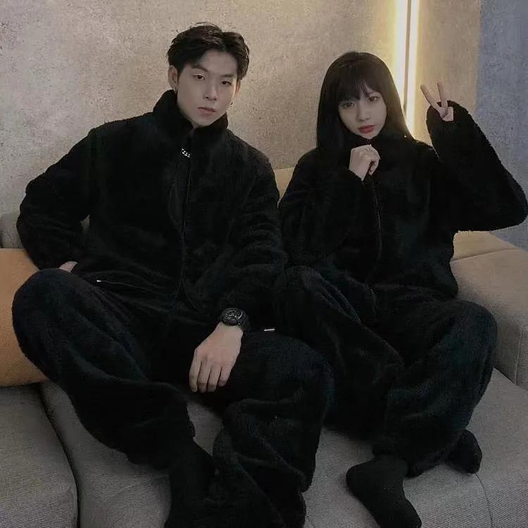 Herren Pyjama Set Winter Dicker Warmer Flanell Pyjama 2 Teile/Sets Langarm Nachtwäsche Homewear Lässiger Pijama XXXXL schwarz