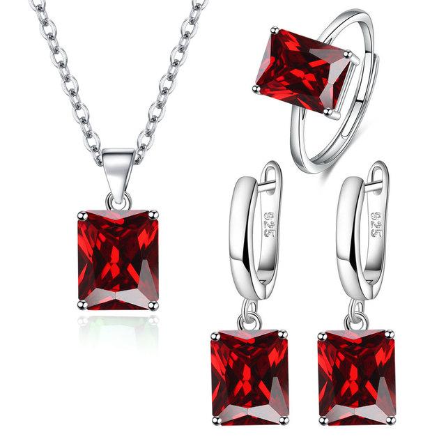 ANENJERY Quadratischen Zirkonia Anhänger Halskette Ohrringe Ring Schmuck Sets für Frauen Anniversary Party Schmuck Geschenk bijoux femme Resizable rot