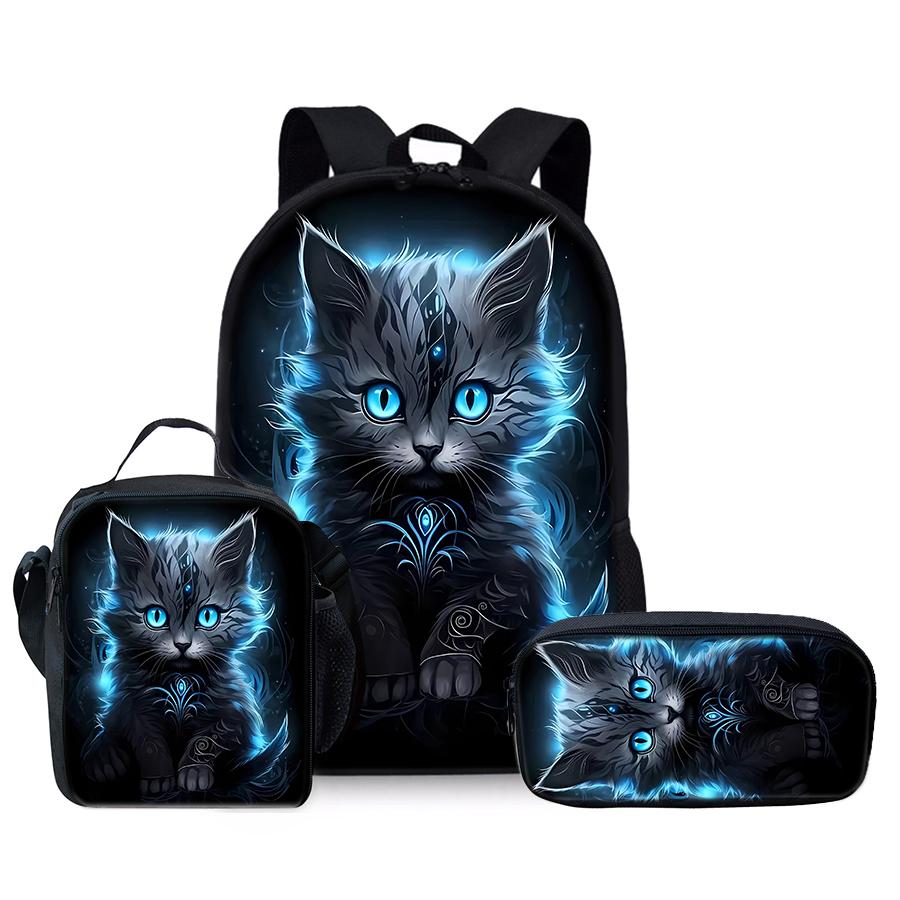 Tier Katze Dreiteiliges Set Rucksack+Brotdose+Federmäppchen Für Jungen/Mädchen Kinder Beste Geschenke 2D Cartoon Teenager Laptop Schultasche black