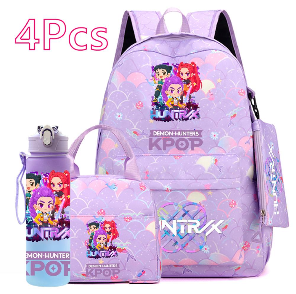 4 Stück/Set Cartoon KPOP Bedruckter Rucksack mit Handtasche Federmäppchen 750 ml Wasserflasche für Teenager Junge Mädchen Große Kapazität Schultasche Schulrucksack Mochila