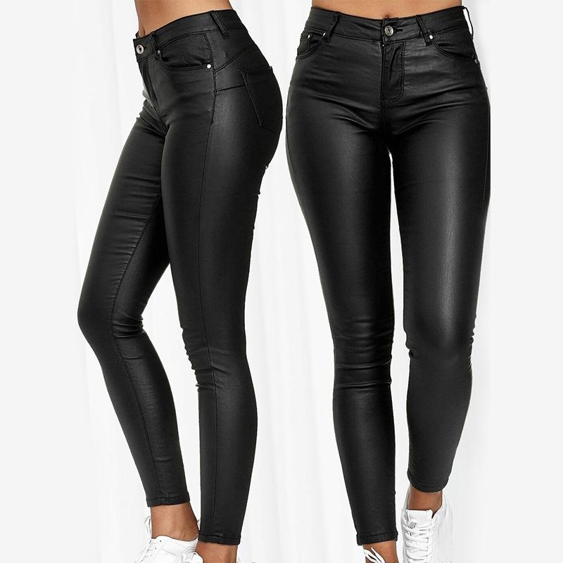 Damen einfarbige High-Waist Stretch enge Lederhose Kleidung Verkauf L schwarz