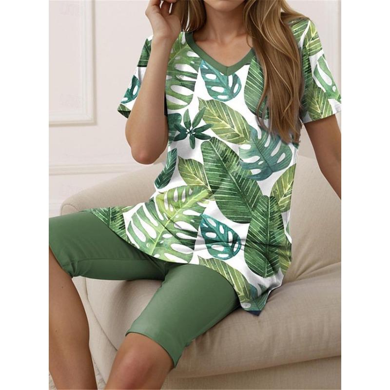 YYFS Damenmode Casual Blumenmuster Druck Kurzarm V-Ausschnitt Blusen & Hemden Shorts Anzüge XXXXXL