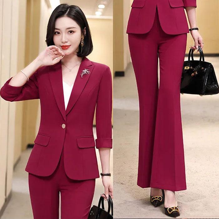 Anzug Damenmode Frühling und Herbst Berufskleidung Arbeitskleidung Anzugjacke Sommer Einfarbig Zweiteiliges Set S rose rot
