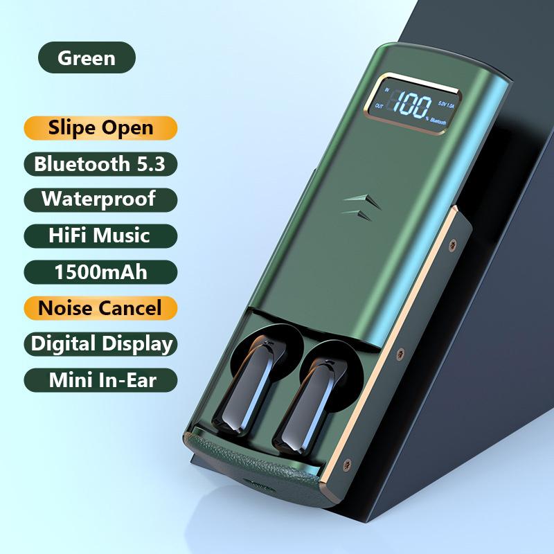 VAORLO Slide Case TWS-Kopfhörer, 1500 mAh, große Kapazität, als Powerbank, HiFi-Stereo-Bass-Kopfhörer, sportlich, wasserdicht, für alle Smartphones grün