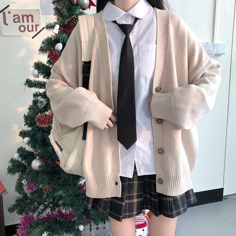 Japanische College lose V-Ausschnitt Strickjacke Pullover weibliche Oberbekleidung Pullover Mantel japanische Schuluniform gestrickte Strickjacke L beige