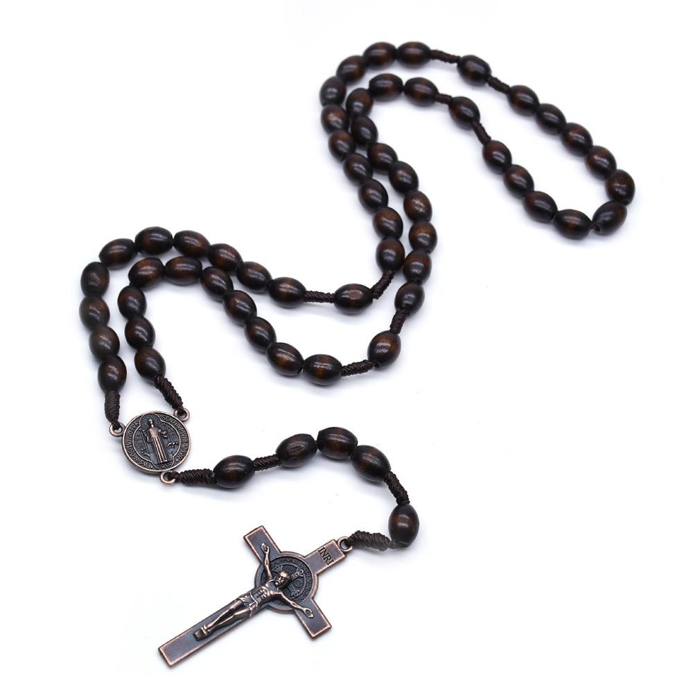Heiliger Benedikt Rosenkranz Halskette Kreuz katholisches braunes Holzkreuz Halskette Christus Gebetsperlen 1PCS