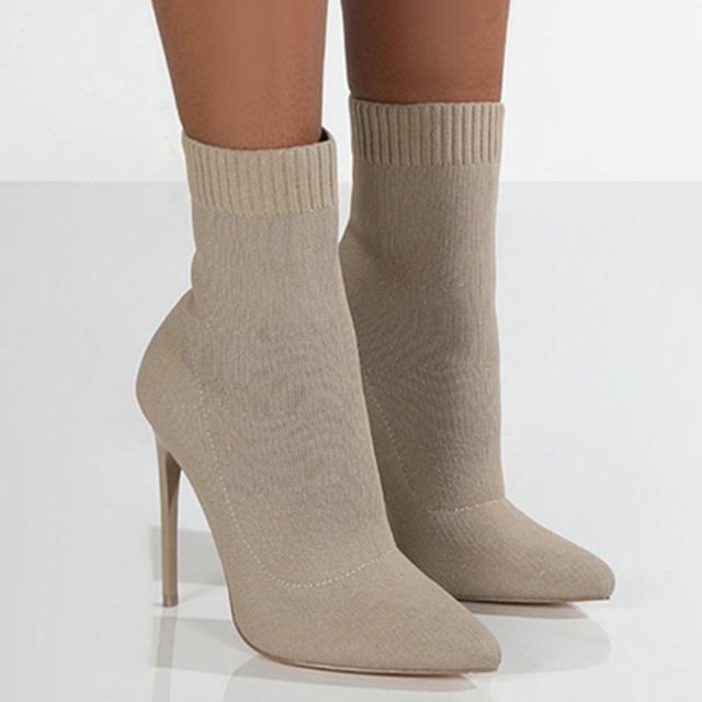 Frauen Stiefel Kurze High Heels Schuhe Für Frauen Herbst Winter Botas Mujer Gestrickte Stiefeletten Schwarze Socke Frauen Heels Stiefel weibliche 39 beige
