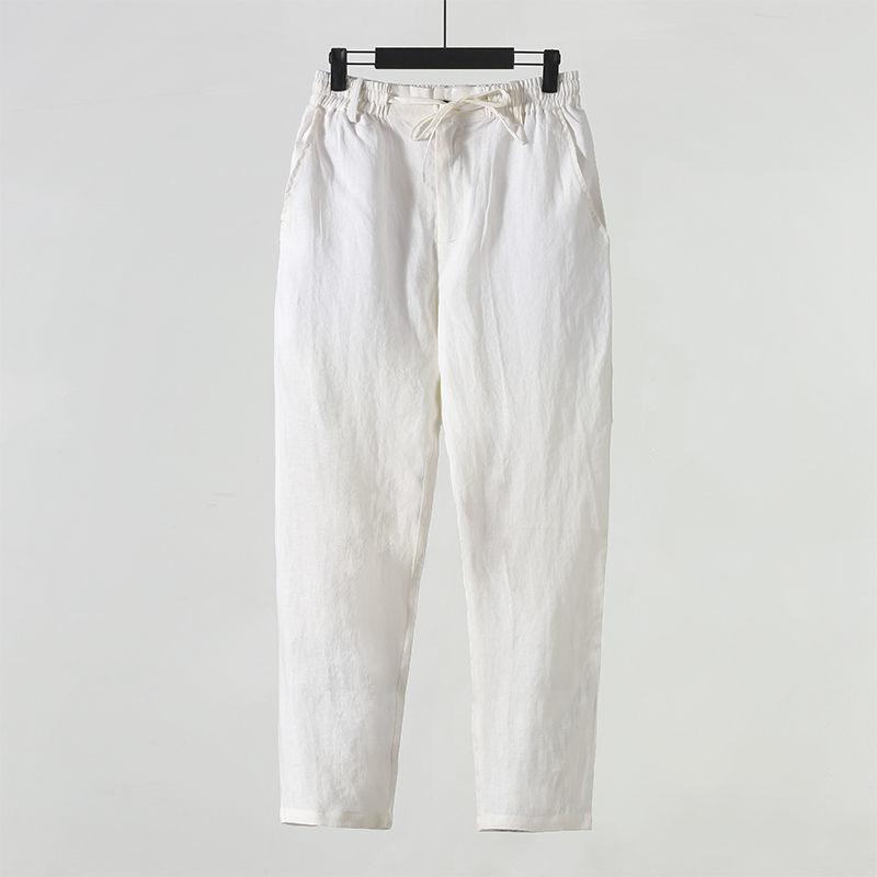 Mode Einfarbige Leinenhose Herren Locker Baumwolle Hanf Herren Freizeithose Herren Sommer Gerade Hose Herren Kleidung XXL weiß