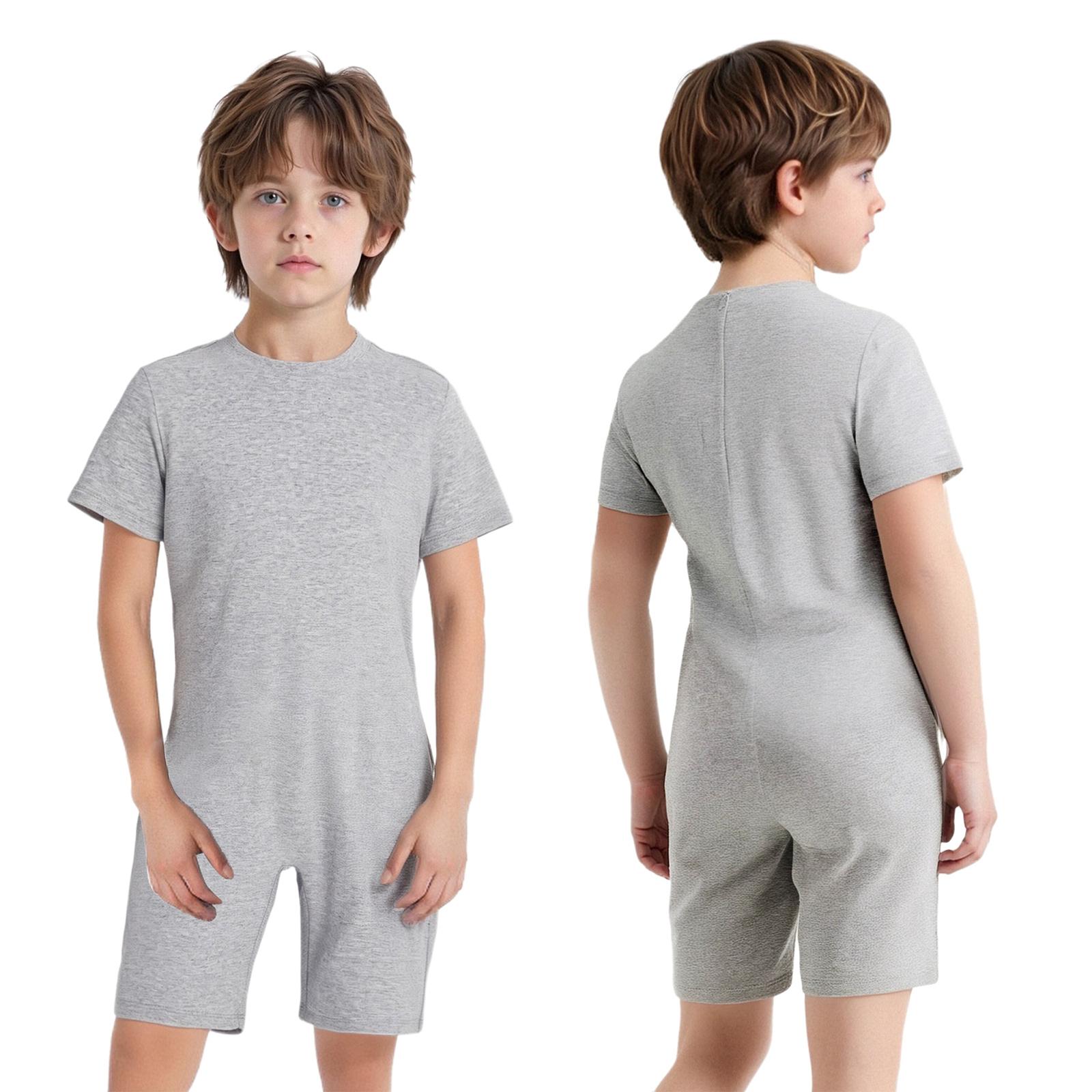 Adaptive Kleidung für Kinder mit besonderen Bedürfnissen Mädchen Jungen Anti-Auszieh-Strampler Kurzarm Reißverschluss hinten Jumpsuit 5-6 Years grau