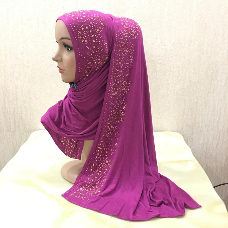 H099 hochwertiger weicher Jersey-Schal mit Steinen zum Überziehen Modal-Kopfschal Damen-Hijab islamischer Damen-Schal Kopftuch magenta