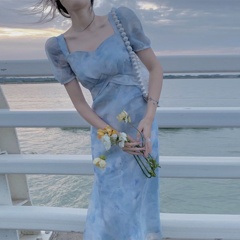 Sommerkleider Französisches Retro Süßes Langes Kleid Sanfte Kleider mit quadratischem Ausschnitt und Puffärmeln XL blau