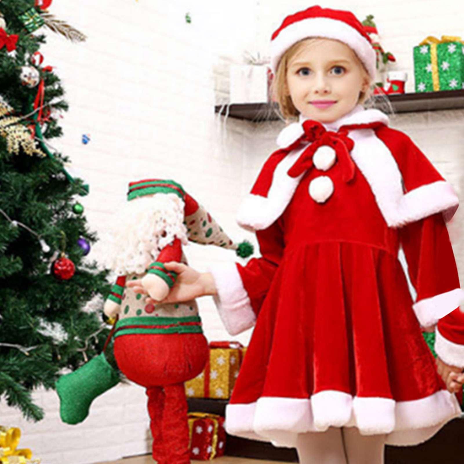 3-teiliges Kinder-Mädchen-Weihnachtsmann-Kostüm, süßes rotes Weihnachtskleid + Weihnachtsmütze + Capelet-Set, modisches Kinder-Weihnachtsparty-Kostüm 120 red