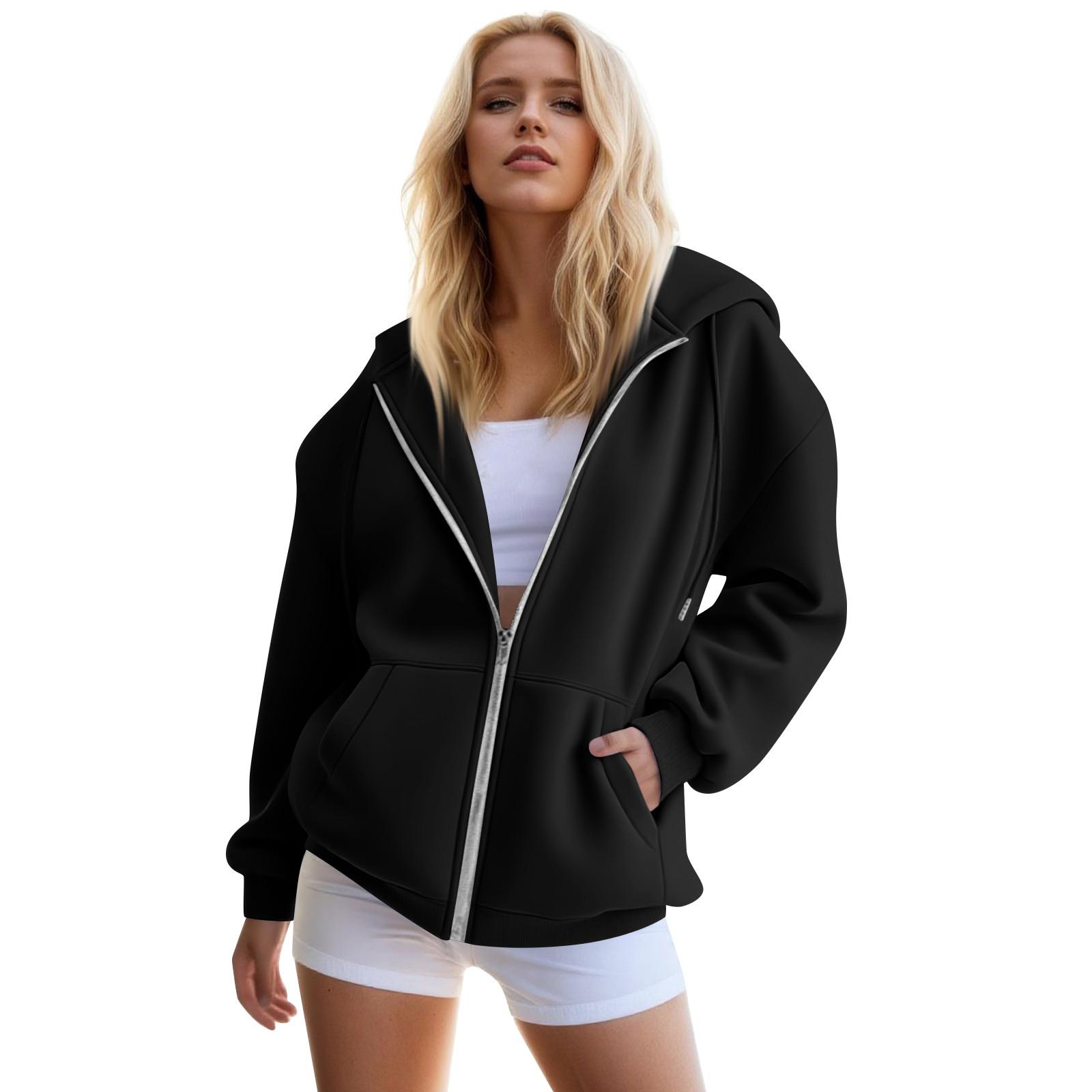 Damen Zip-Up Hoodies Übergroße Sweatshirts Herbstmode Outfits Lässige Jacken L schwarz
