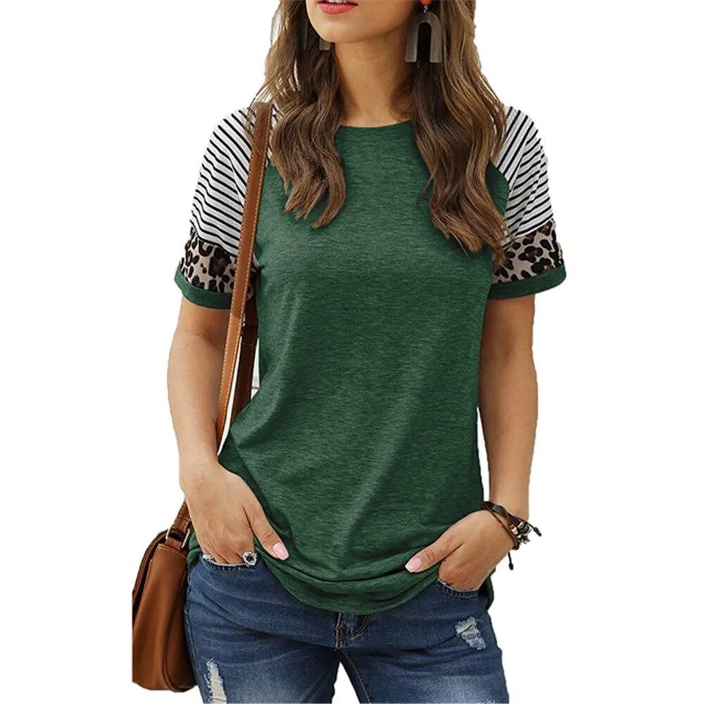 Einfache Leopard Print Sommer T-shirts Frauen Kurzarm Lose Beiläufige T Shirts Gestreiften Ärmeln Fashion Tees Femme Pullover XL