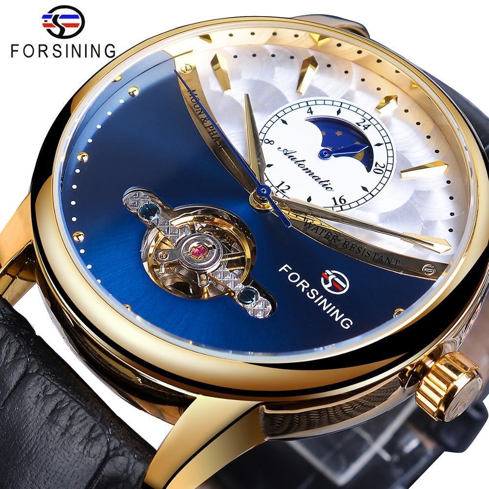 FORSINING Luxus Automatische Mechanische Uhren Herren Sonne Mondphase Tourbillon Uhr Wasserdicht Herren Armbanduhr gold/blau