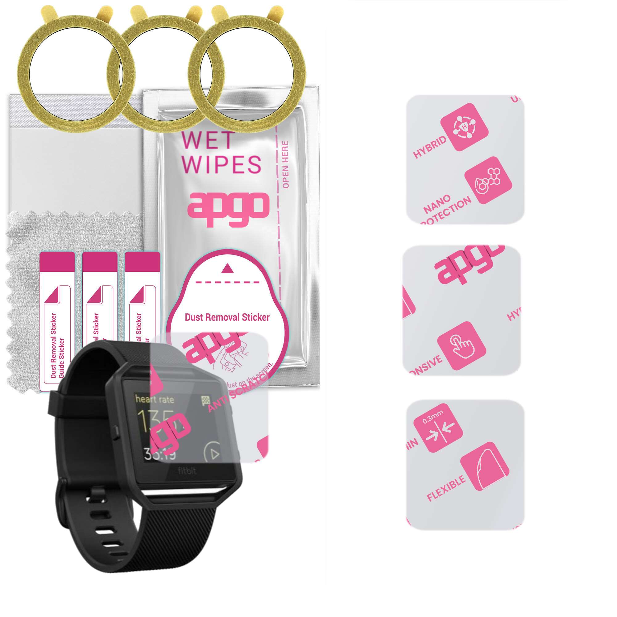 3x apgo Ultra-Clear Hybrid Schutzglas kompatibel mit Fitbit Blaze GunMetal, flexibles Nano Glas, toller Ersatz für Panzerglas, kratz-
