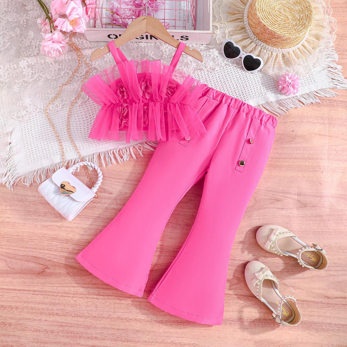 Heiße Verkäufe 2-7Y Mädchen Anzug Sommer Halter Top Mesh + Ausgestelltes Hosen Mädchen Mode Anzug Mädchen Hosen 2-3Y rot