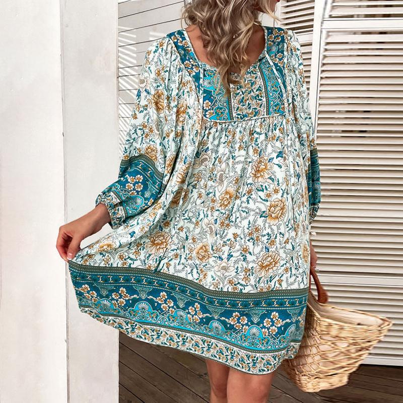 ZANZEA Damenmode-Druck, Bohemian-Kleid, Sommer, lässig, V-Ausschnitt, 3/4-Ärmel, kurzes Kleid 2XL hellgrüne