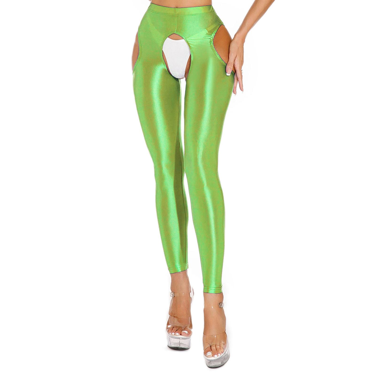 Glänzende Damenstrümpfe, Strumpfhosen, glänzende, fußlose Strumpfhosen, ausgehöhlte Leggings L fluoreszierende grün
