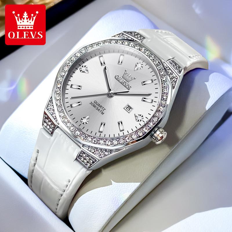 OLEVS Damenuhr Luxus Original Quarz Uhr Wasserdicht Leuchtend Diamantuhr Mode Elegant Damenuhr weiß
