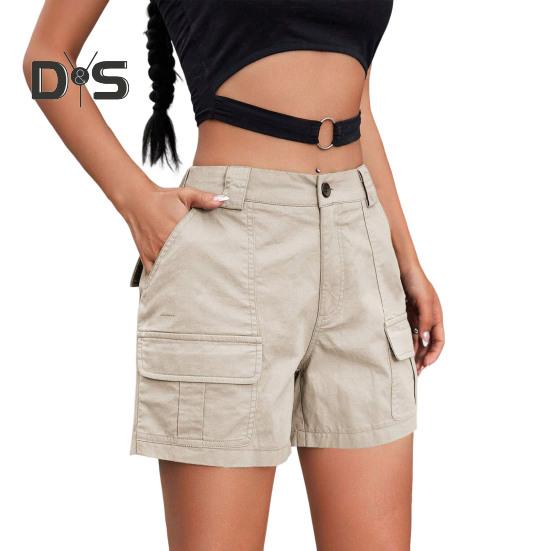 Damen Cargo-Shorts, lässige knielange Bermuda-Cargo-Shorts mit Taschen, Sommer-Baggy-Shorts mit weitem Bein, Wander-Outfits L apricot