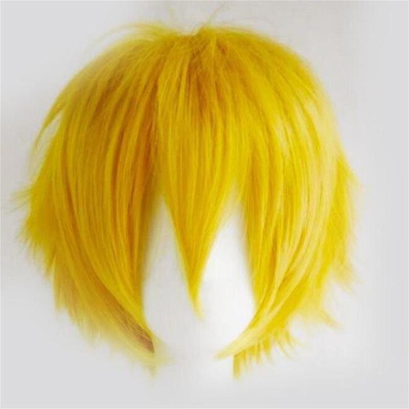 30 cm kurze, glatte Cosplay-Perücke, Anime, Tilt-Up-kompatibel, universell, allmächtig, hitzebeständig, Kunsthaarperücken + Perückenkappe gelb