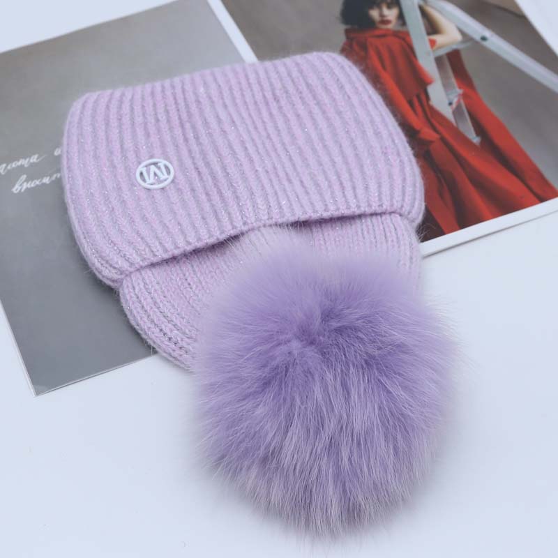 Echte Fuchsfell-Mütze mit Bommel, warme Wintermütze für Damen und Mädchen, natürliche Bommelmütze, Outdoor-Ski-Strickmütze, dicke Mütze lavendel