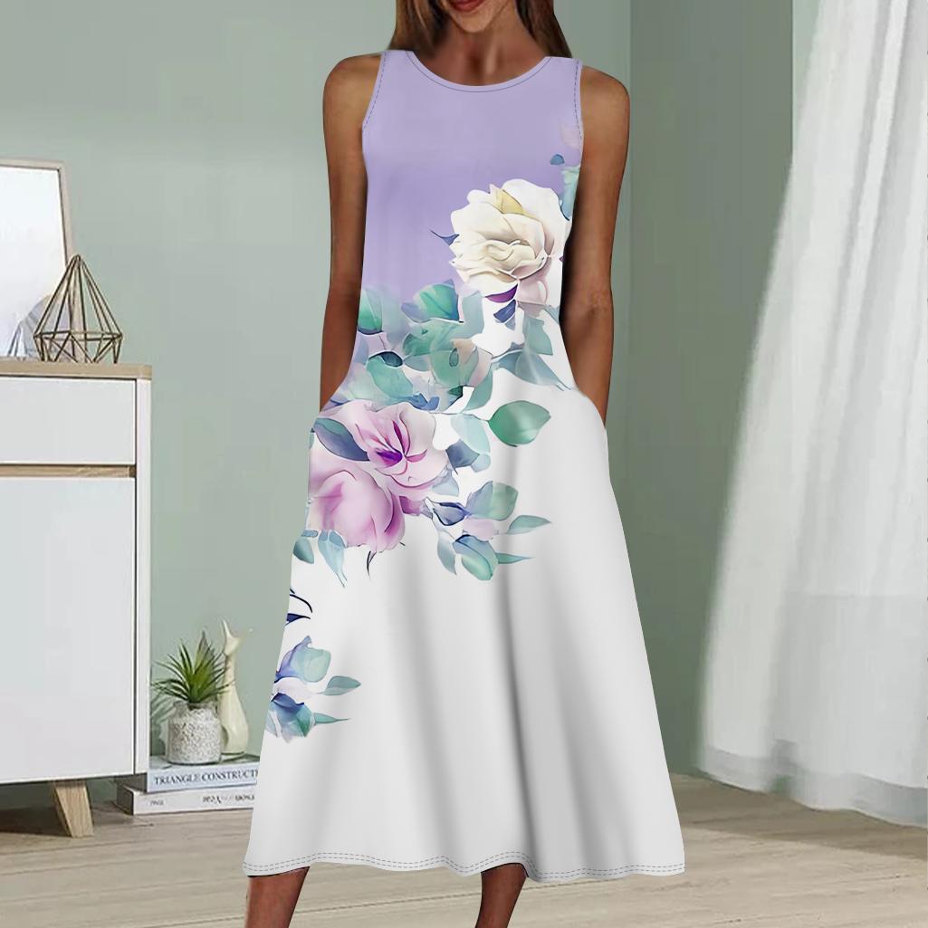 Sommermode Sexy Ärmelloses Kleid Weiches Lässiges 3D Schräges Blaues Rosen-Print-Kleid Ärmelloses Sling-Kleid 8XL violett