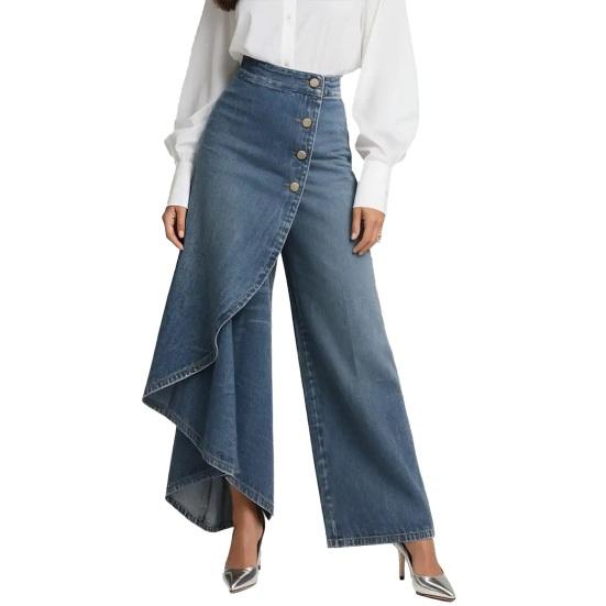 Fließende Jeans für Damen High Waist Asymmetrische Wickel-Denim-Hose Knopfleiste Weiter Bein Splicing Sommer Rüschenjeans XL