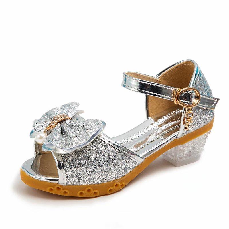 Neue Prinzessin Schuhe Kinder Schuhe Mädchen High Heels Kleid Schuhe Blume Schmetterling Sandalen Schleife Kristall Prinzessin Königin Cosplay Party Mädchen Tanzschuhe 31 silber
