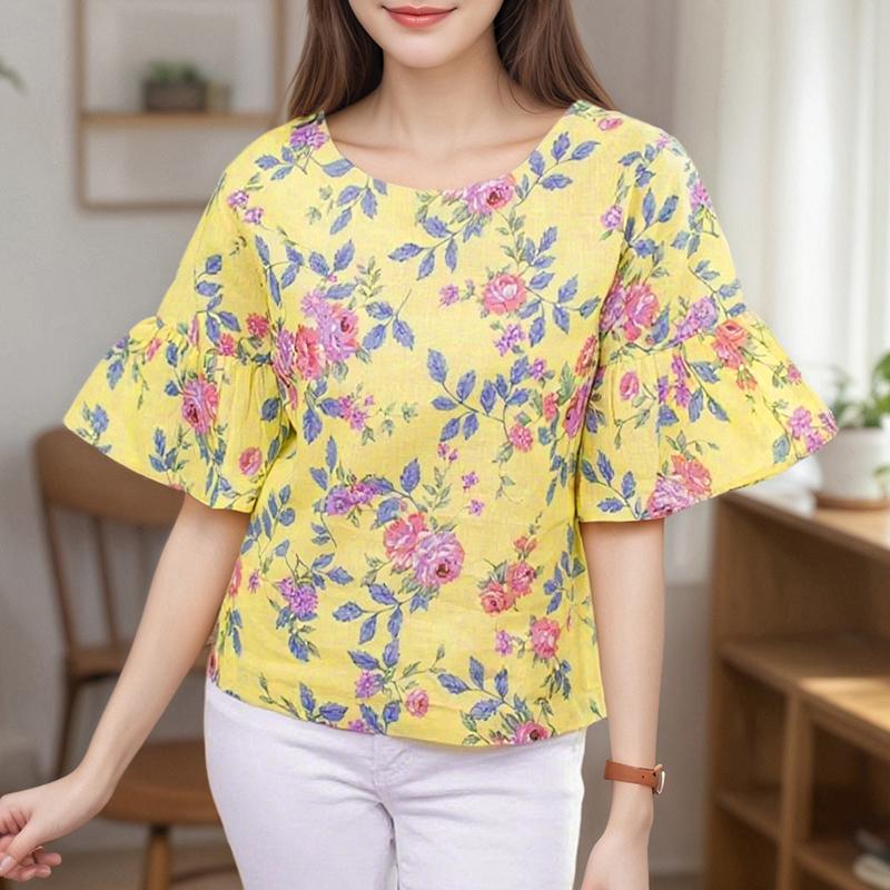 ZANZEA Damen Lässige Bluse mit Rundhalsausschnitt und 3/4-Ärmeln, lockere Bluse mit Blumenmuster 5XL