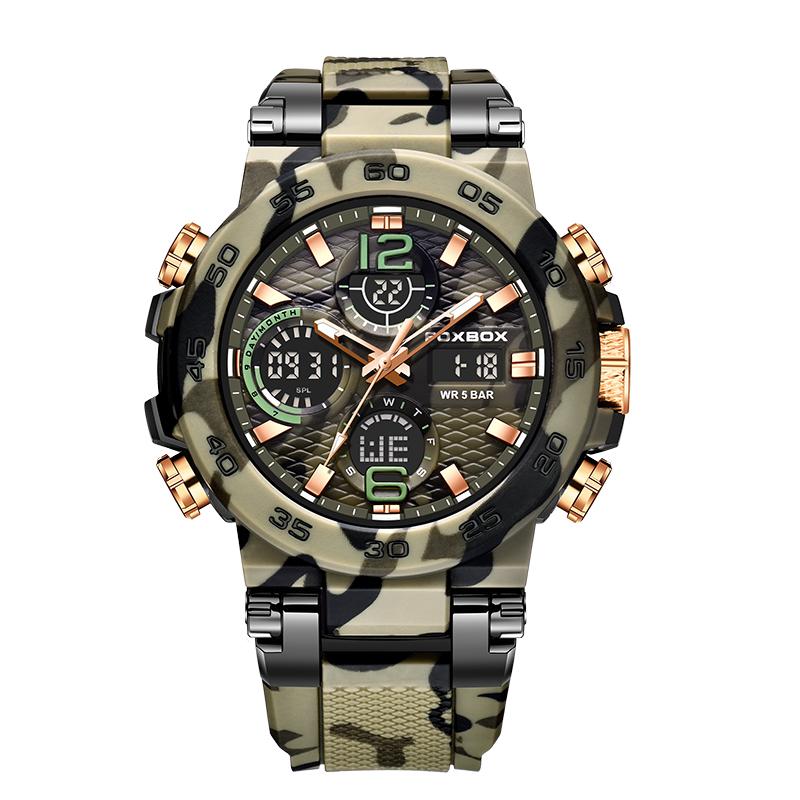 FOXBOX Herrenuhr Militär Camouflage Sport Herren Armbanduhr Dual Display Wasserdichte Herren Digitaluhr Camouflage grün/rose gold