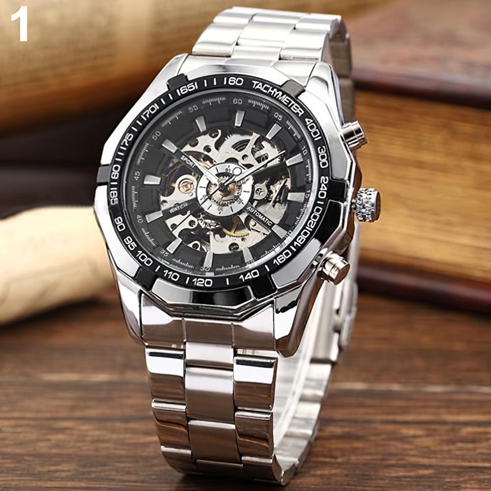 Gewinner Skeleton Automatische Mechanische Uhr Gold Männer Uhren Edelstahl Armband Sport Luxus Männliche Uhr Chinesische Armbanduhr schwarz