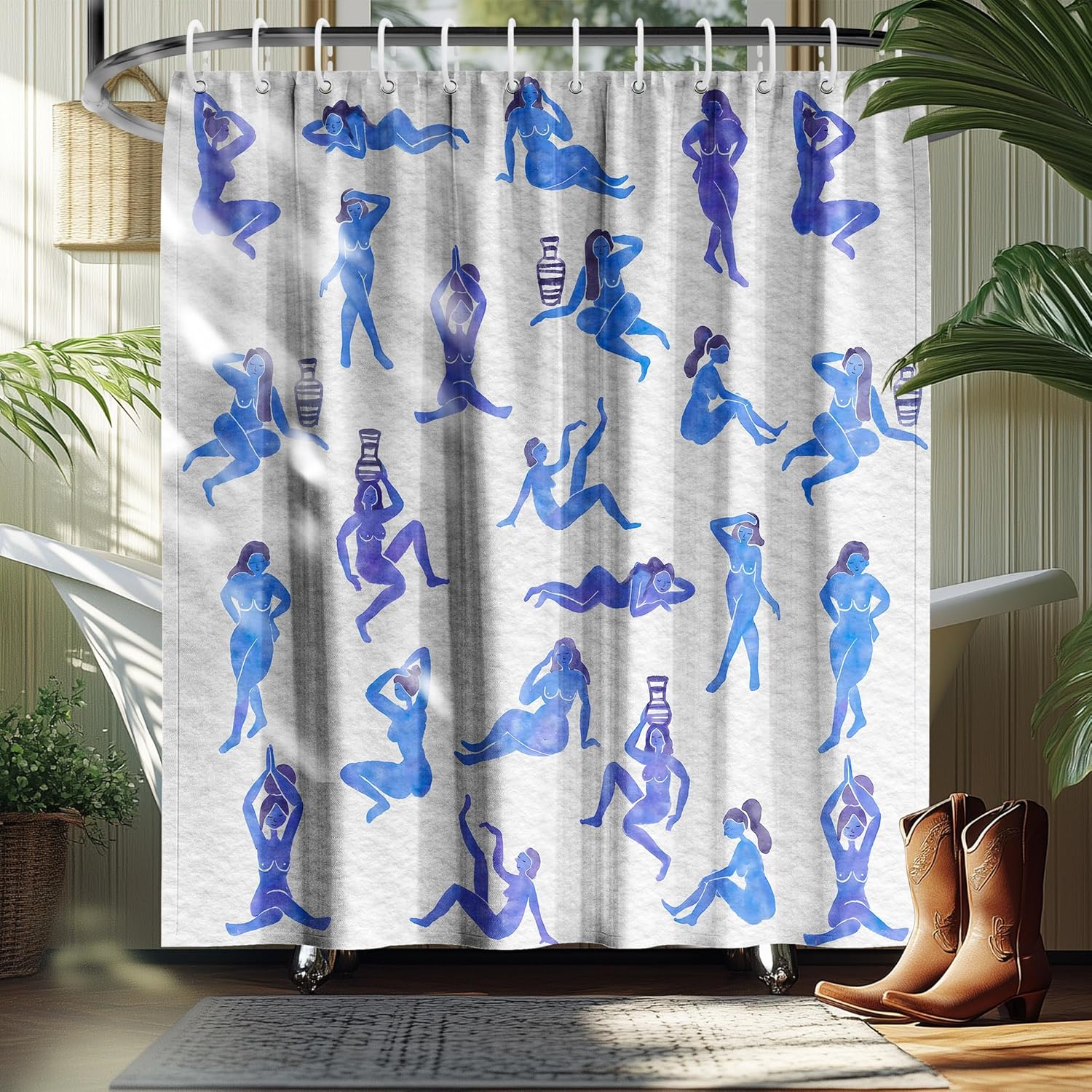 Blaues weibliches Silhouette Yoga-Pose Muster Wasserdichter Duschvorhang 180x180cm Künstlerische Linienzeichnung Badezimmervorhang für Heimdekoration 90x180cm35x71in