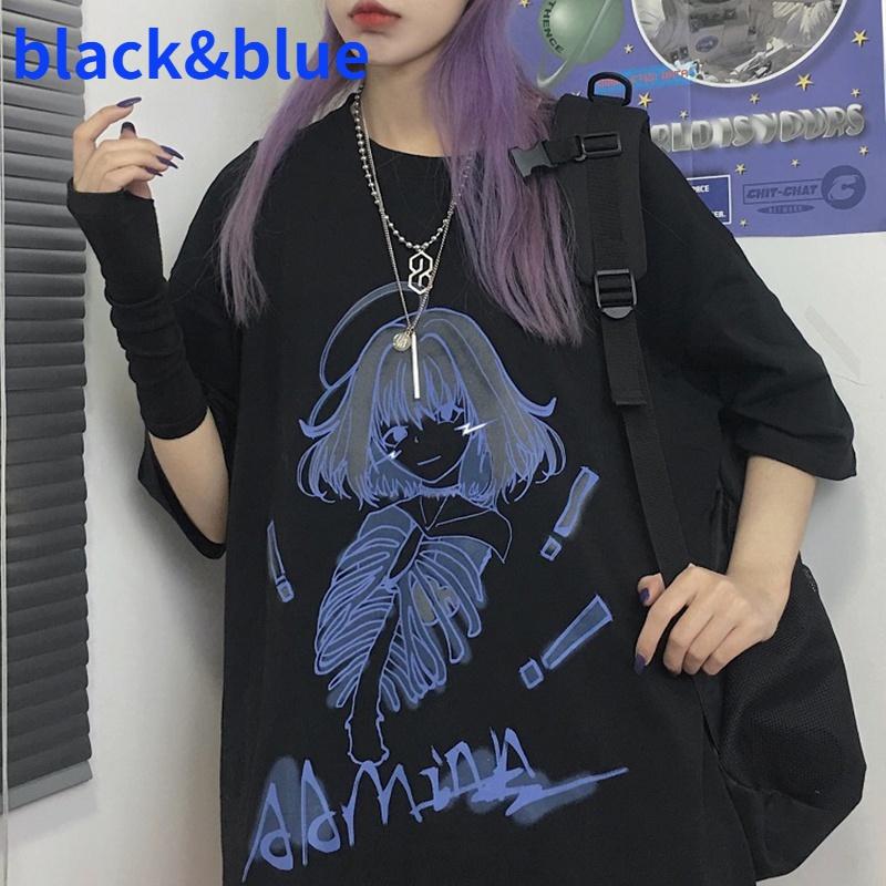 Vintage Frauen T-shirt Punk Dark Grunge Streetwear Kleidung Weibliche Übergroßen Lose Damen Top Gothic T-shirts Harajuku Kleidung M blau/schwarz