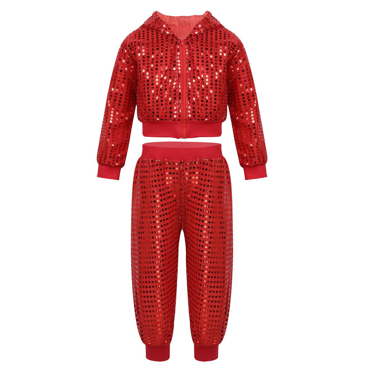 Kinder Jungen Mädchen Glitzernde Pailletten Langarm Hip Hop Jazz Street Dance Kostüme Langarm Kapuzenjacke Hosen Set 10-12 Years rot