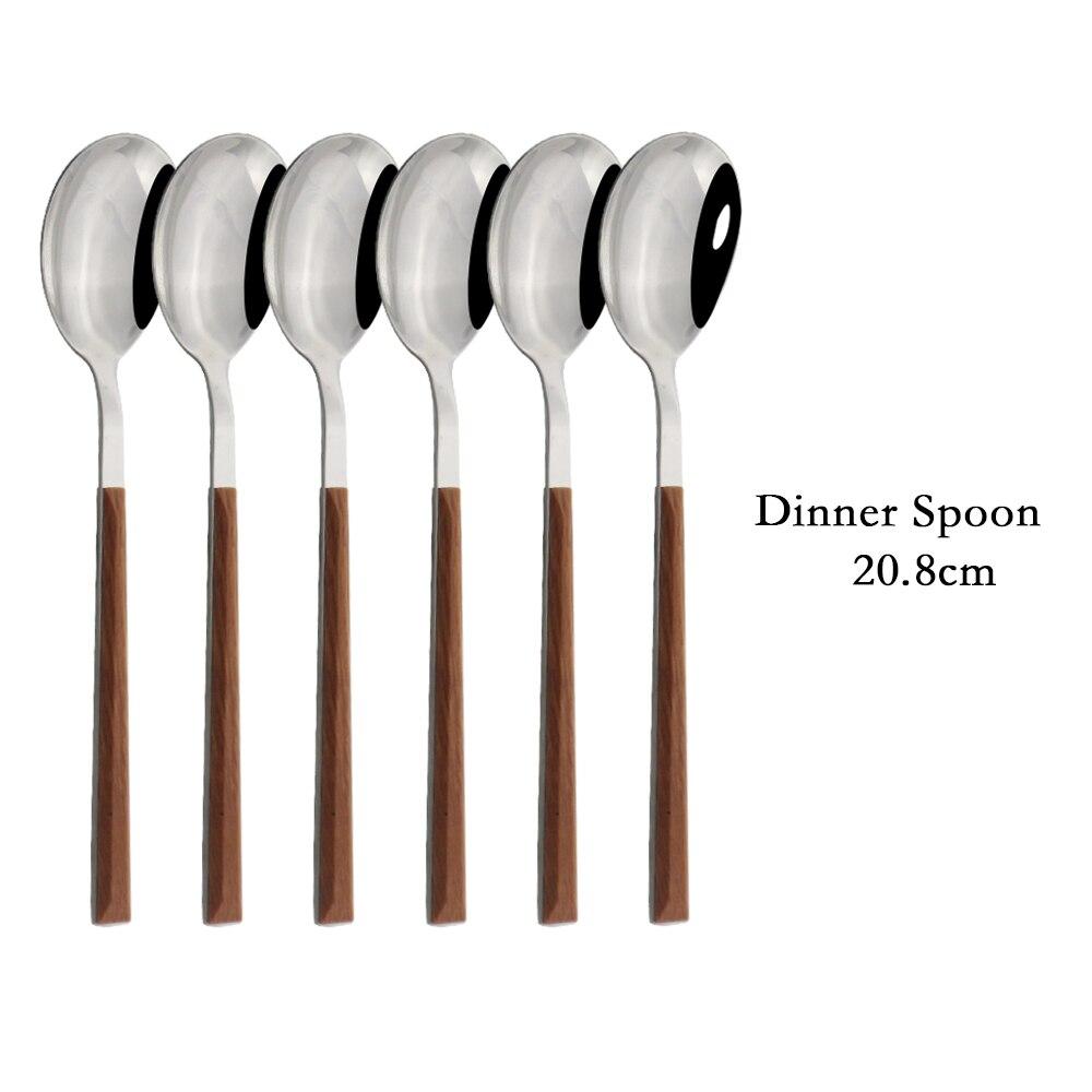 Holzgriff Geschirr-Set Edelstahl Silber 6/30-teilig Steaktisch Messer Gabel Löffel Dessertgabel Besteck Besteck-Set 6pcs Dinner Spoon braun/silber