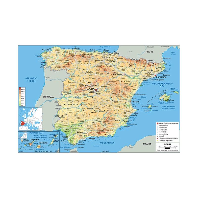 Geografische Karte von Spanien, Leinwandbild, Wandkunst, Poster, Schulbedarf, Wohnzimmer, Heimdekoration 84*59cm