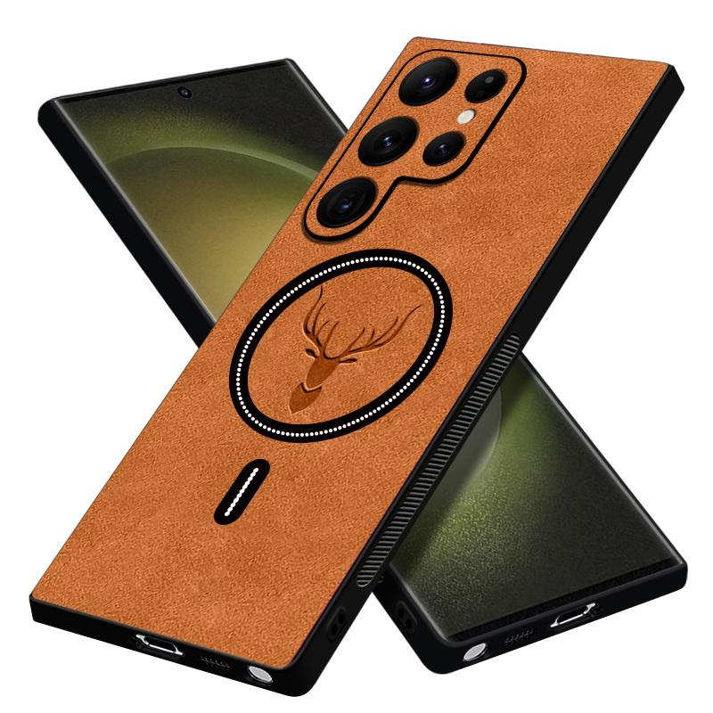 Luxuriöse matte Lederhülle für Samsung Galaxy S25 S24 S23 FE S22+, kabelloses Laden für Magsafe, Vintage-Hülle für iPhone 16 15 Plus 14 Pro 11 13 12 Samsung S23 braun