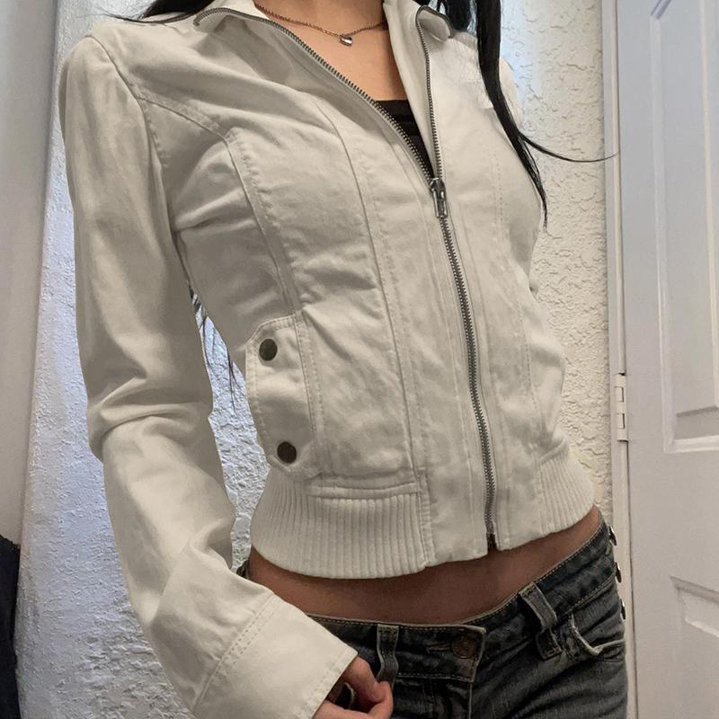 2KWEIRD Vintage Cropped Jacken Damen Stehkragen Einfarbig Lässige Mäntel Slim Tasche Reißverschluss Harajuku Safari Style Oberbekleidung M beige