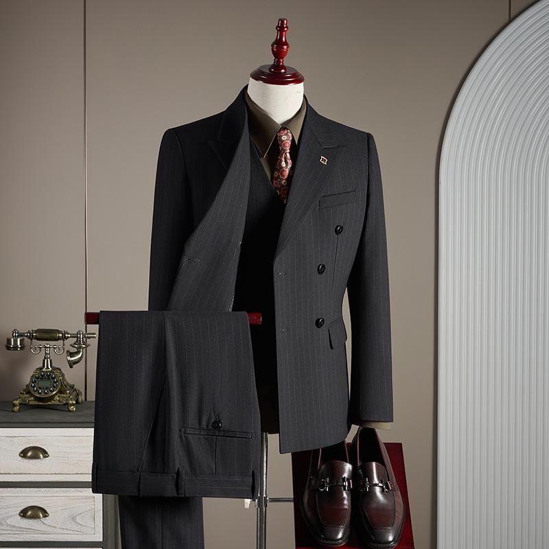 Herren Streifenanzug Dreiteiliger Anzug, Hochwertiger zweireihiger Anzug, Business-High-Definition-Westernanzug mit Fliege L schwarz