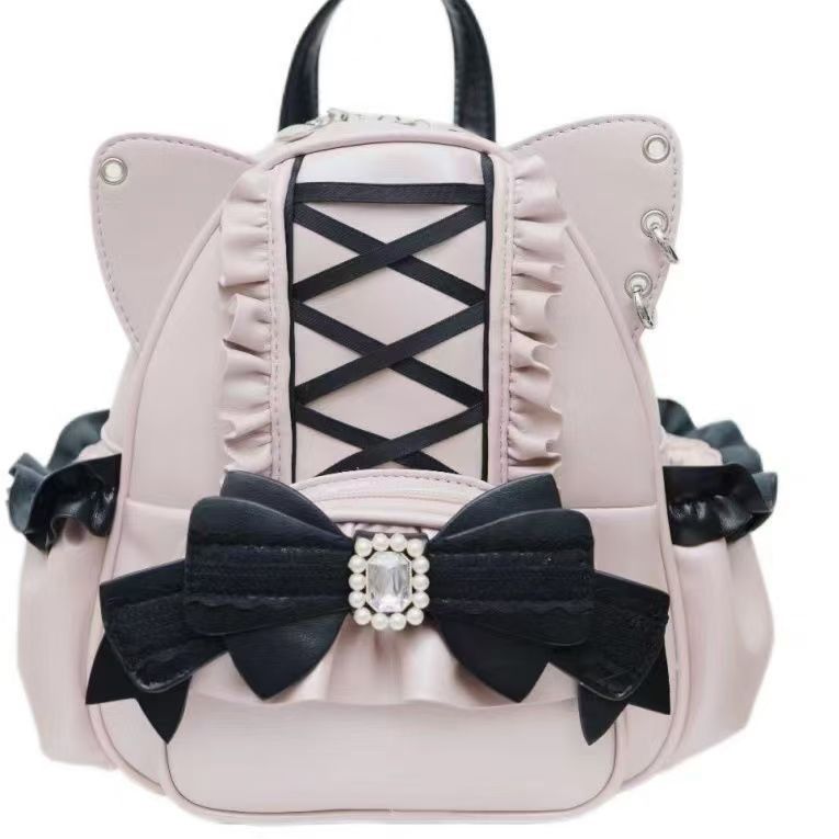 Damen Lolita Schwarz Rosa Süßer Japanischer Spitzenbogen Katzenohr Rucksack Student Niedlich Leder Schultertasche Schultaschen One size pinkviolett
