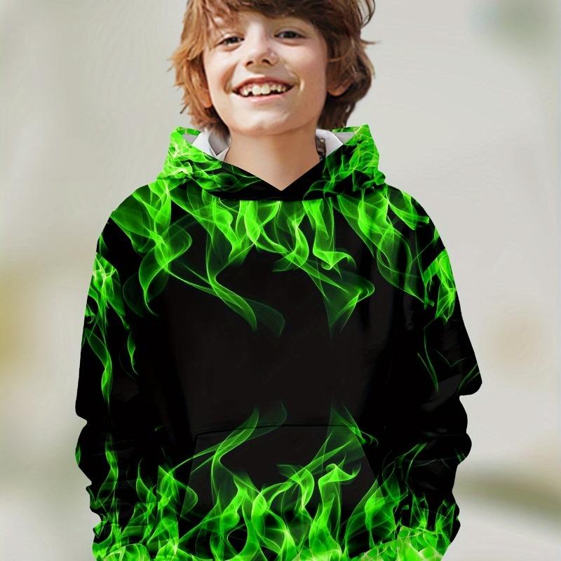 Kinderkleidung Jungen Hoodies Langarm 3D Flammendruck Kinder Frühling Herbst Kleidung Beiläufige Stilvolle Junge Mädchen Kleidung Pullover Tops 130 green