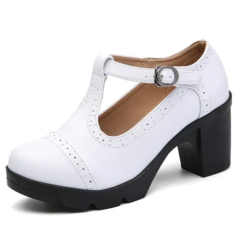 Mode Mode Britischer Stil Runde Zehen Mary Jane Schuhe Leder Ausgeschnitten Quadratische Absätze Plateau Retro Damen Tanzschuhe 34 weiß