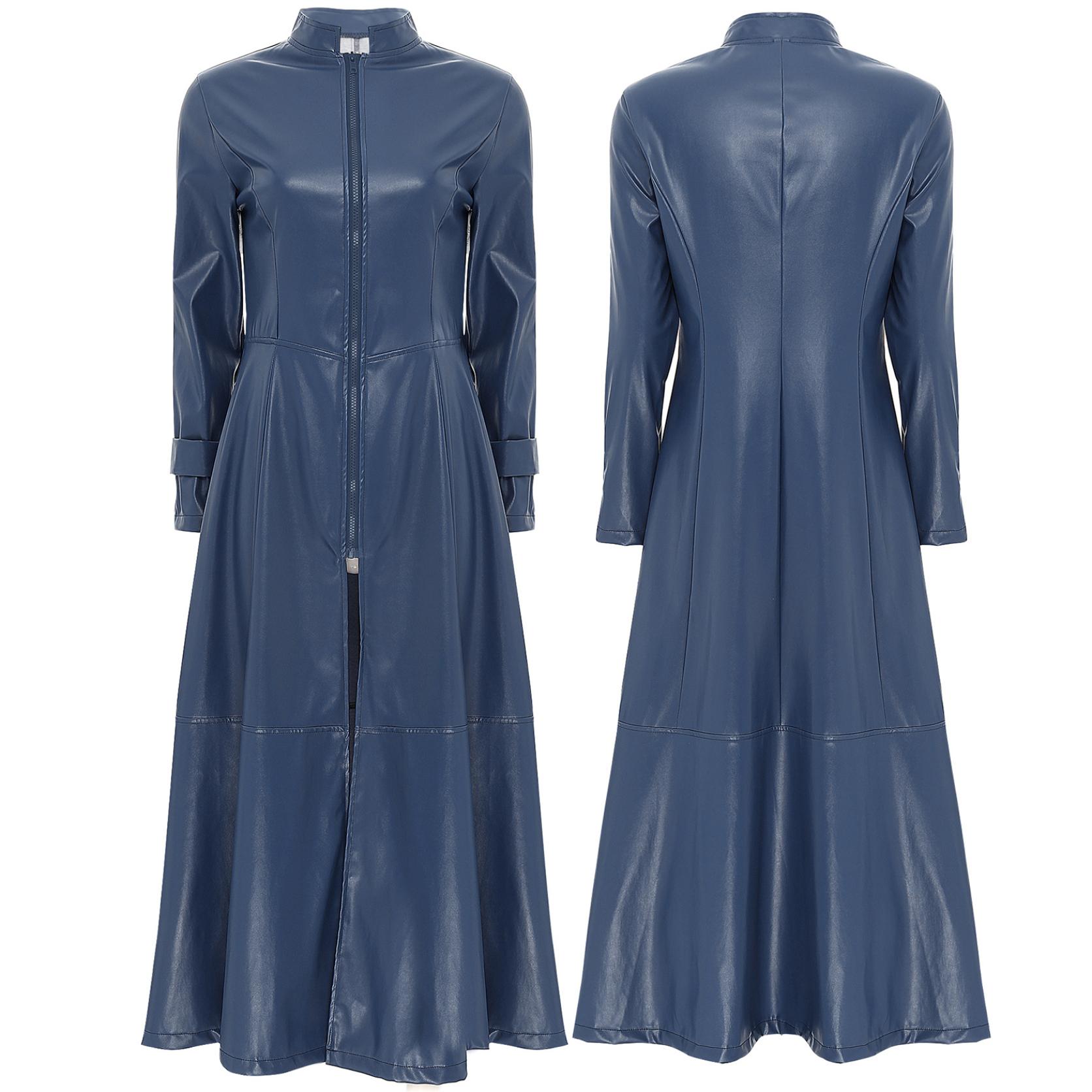 Steampunk-Stil, Gothic-Motorrad-Mantel, Disco-Party, langer Mantel, Kunstleder, Trenchcoat, Jacke, Umhang, Kleid, durchgehender Reißverschluss, knöchellang, für Damen und Herren 5XL navy blau