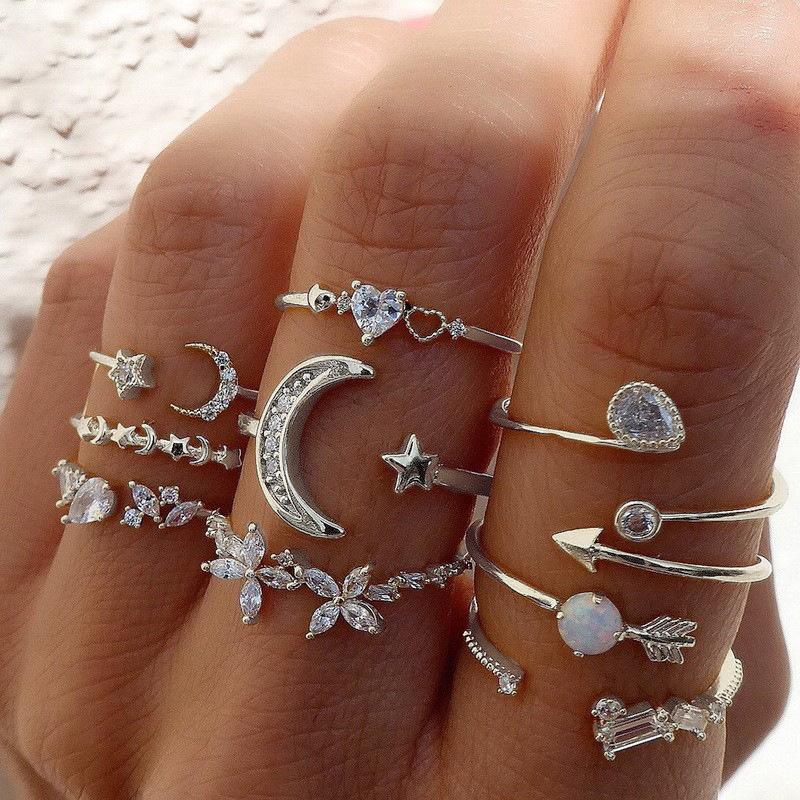 Silberfarbenes Kristallring-Set für Damen, Zirkonia, Mond, Pfeil, Blume, Herz, Finger-Eheringe, Modeschmuck für Damen