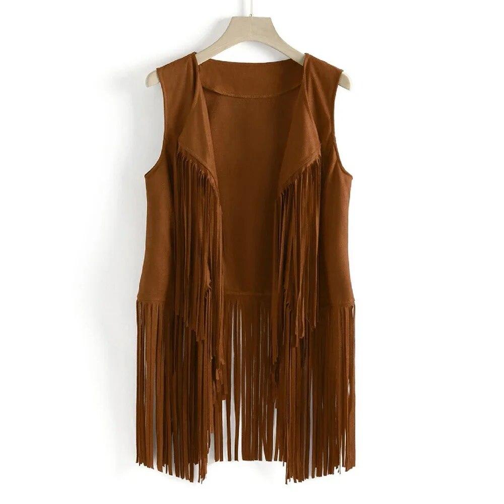 Damen Vintage Faux Wildleder Ethno Ärmellose Jacke Lange Fransen 70er Jahre Hippie Cardigan Jacke Disco Prom Party Weste Jacke XXL khaki
