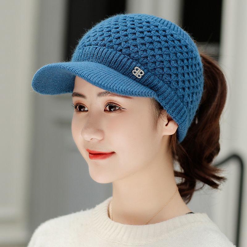 Weibliche Herbst Fleece Hohe Pferdeschwanz Hut Baseball Caps Frauen Winter Dicke Warme Twist Stricken Hüte Visier Gorros Mützen Frauen Hüte blau