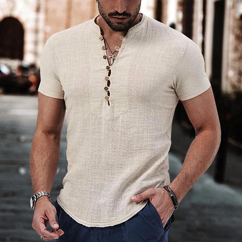 Neues Herren Kurzarm T-Shirt Knopf Baumwolle Leinenhemd Herren Freizeitkleidung Beliebte Oberteile für Herren US M apricot