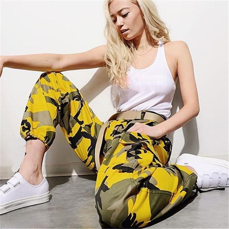 Damen High Waist Slim Cargo Camouflage Hose Plus Size Lose Hip Hop Hose Outdoor Sport Jogging Hose S-3XL S gelb